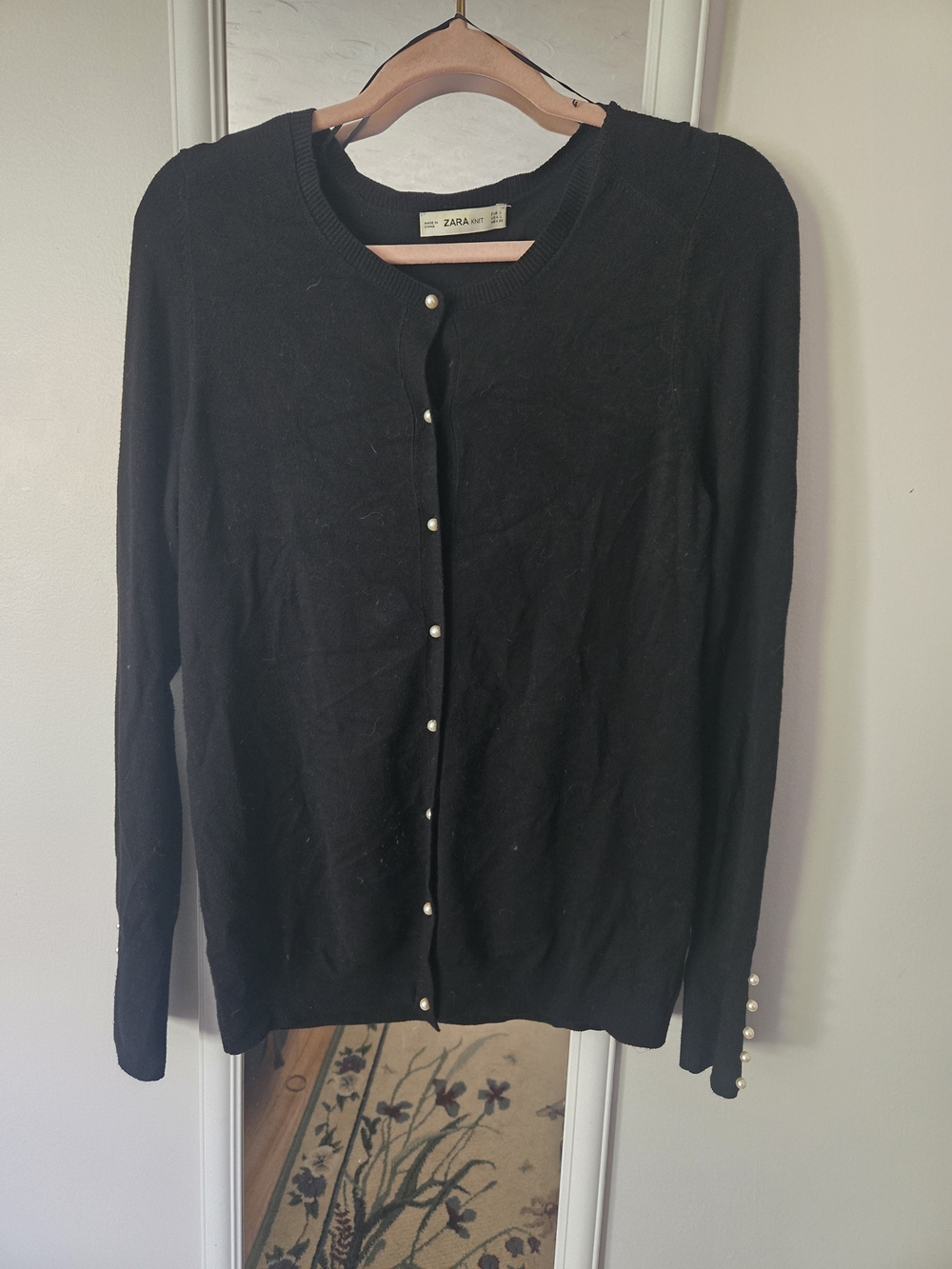 Zara Black Pearl-Button Crewneck Cardigan